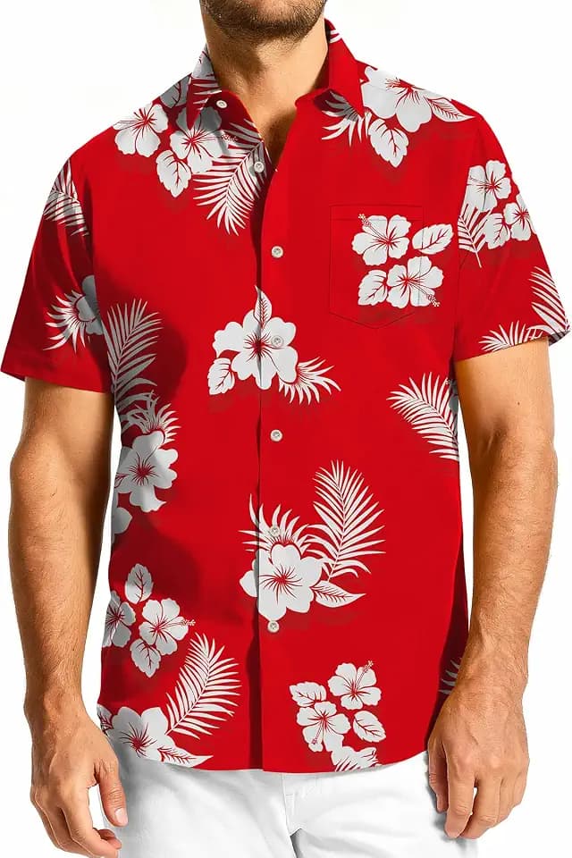 KYKU Hawaiian Shirt for Men Short Sleeve Button Down Tropical Floral Mens Summer Shirt Red White Flower XL