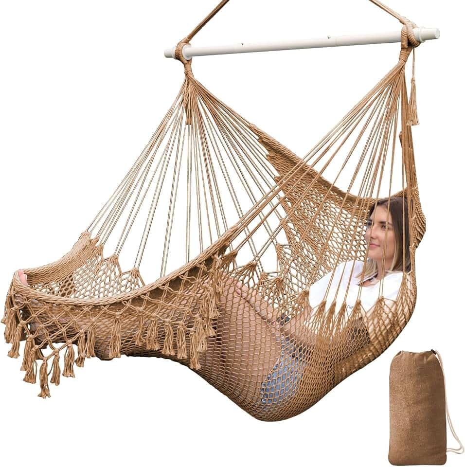 Chihee Hängesessel handgefertigter Hängesessel aus Baumwollseil gewebter Sitz weich gesponnen große Dehnbare Hängematte, zusammenklappbar stabile Metallspreizstange, Elegante Tassel drinnen draußen