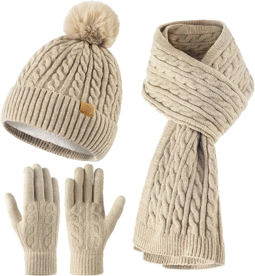 fauson Winter Hat Beanie Long Scarf Touchscreen Gloves Set, 3Pcs Fleece Lined Gloves Skull Cap Valentines Day Gifts for Her