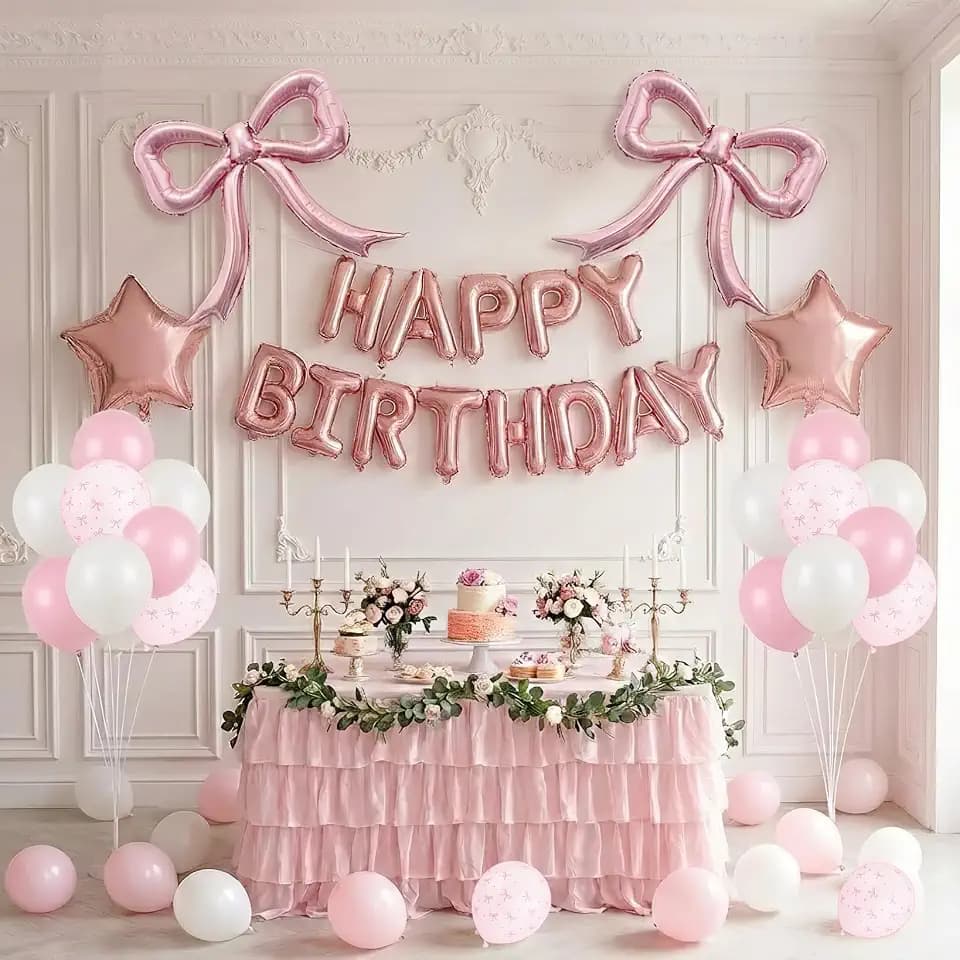Pink Bow Birthday Balloon Decoration Set – Pink & White Bow Print Latex Balloons with Star Happy Birthday Letter Balloons and Pink Bow Foil Balloons Cute Coquette Party Decor for Girls Birthday Party