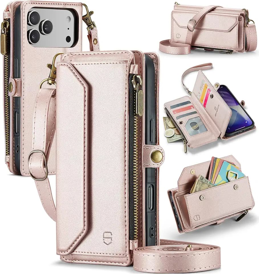 Strapurs for iPhone 17 Pro - Zipper Strap Wallet Case for Women, Rose Gold
