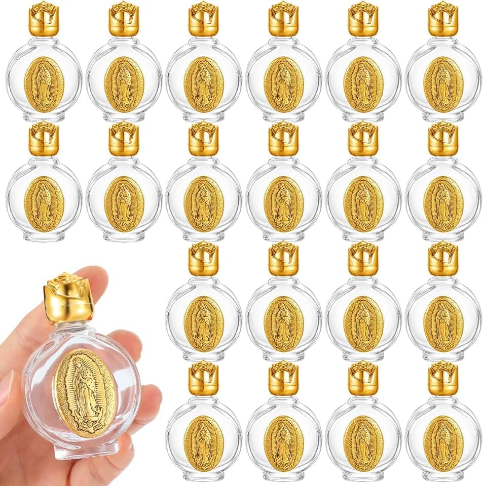 20 Pcs Glass Holy Water Bottles Catholic Embossed Holy Water Container 0.5 Floz Mini Religious Travel Bottles with Gold Cap for Church Communion Gifts (Gold, Our Lady of Guadalupe)