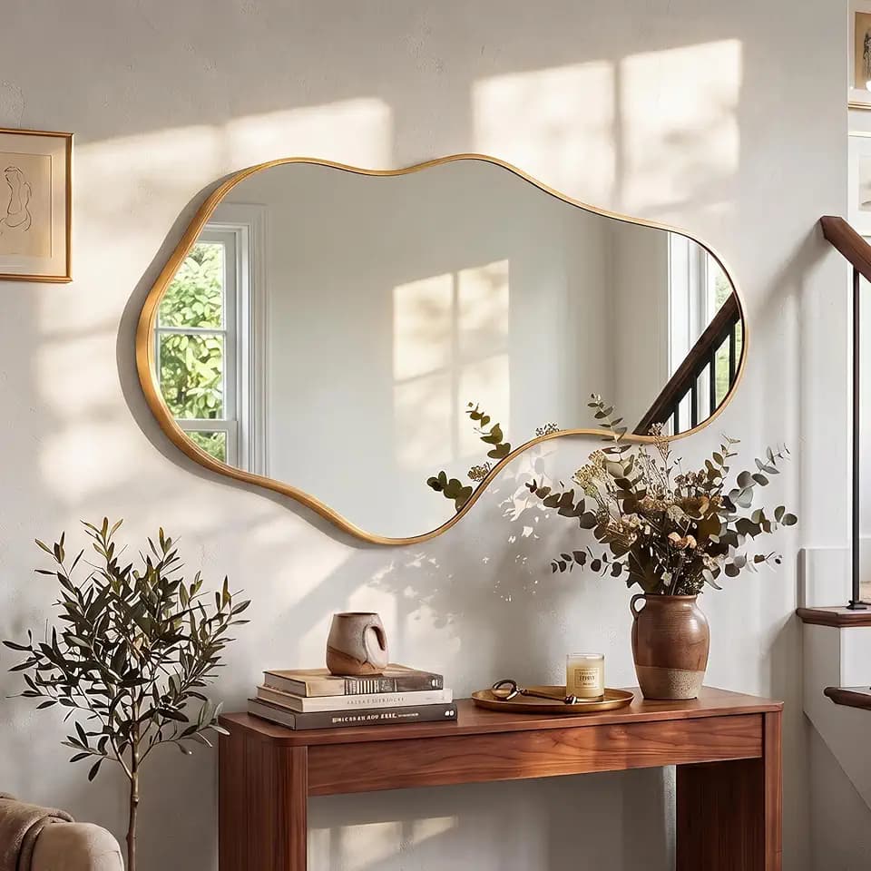 Unregelmäßiger Wavy Wandspiegel, Abstrakter Spiegel mit Aluminiumlegierung Rahmen in Luftfahrtqualität für Badezimmer, Schlafzimmer & Flur