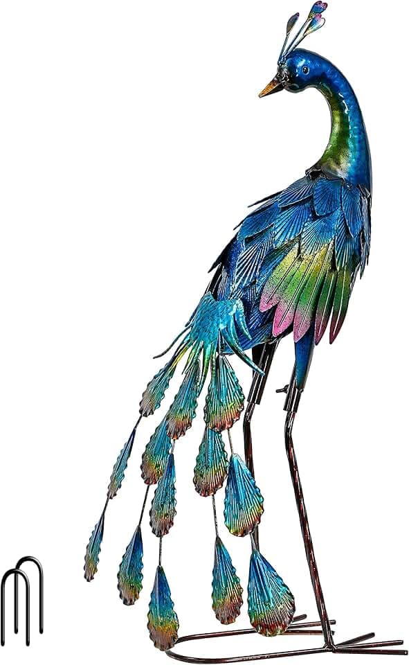 TERESA'S COLLECTIONS Garden Decor, Peacock Yard Decor, Elegant Peacock with Colorful Painting,18", Waterproof Metal Outdoor Statues, Garden Gifts, Birthday Gifts for Women Mom