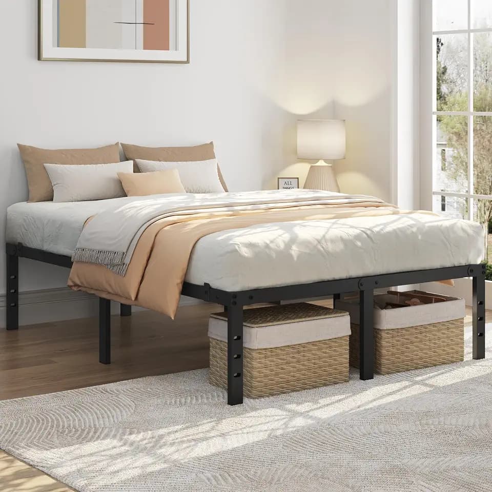 Yaheetech Bettgestell aus Metall, Stahlleisten, Stauraum unter dem Bett, einfache Montage, Doppelbett, 135 x 190 x 36 cm, Schwarz