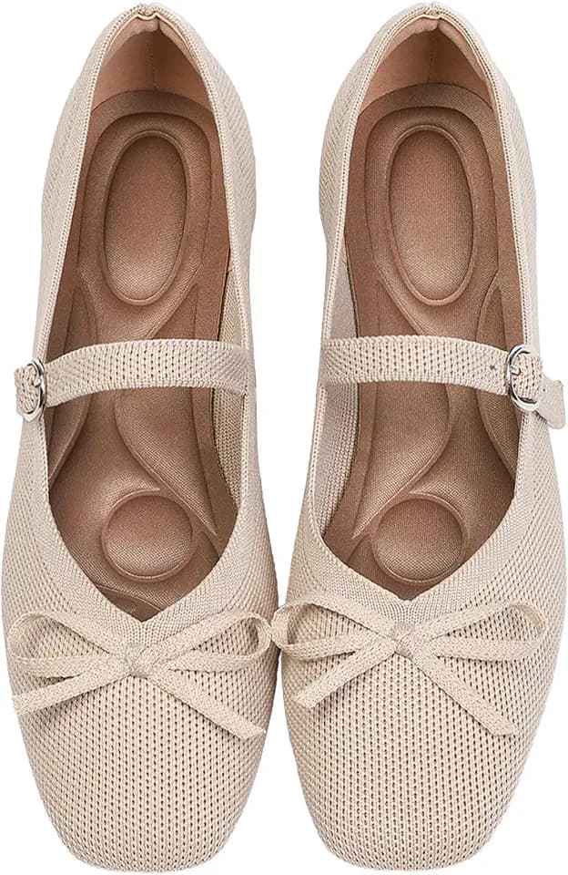 Knit Flats for Women Square Toe Flats Casual Ballet Flats with Ankle Strap,Washable Comfortable Dressy Mary Jane Flat