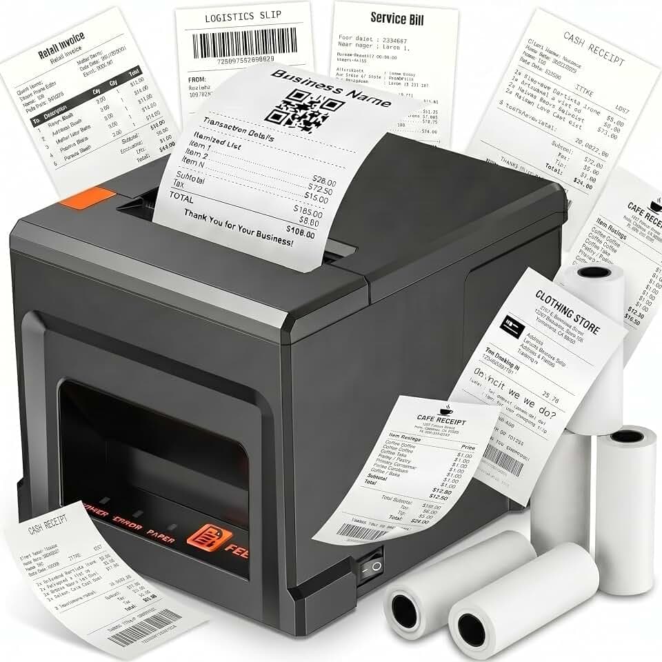 80mm POS Drucker mit 5 Rollen Papier und Bluetooth, Automatischer Cutter, 300mm/s für Windows PC, USB LAN