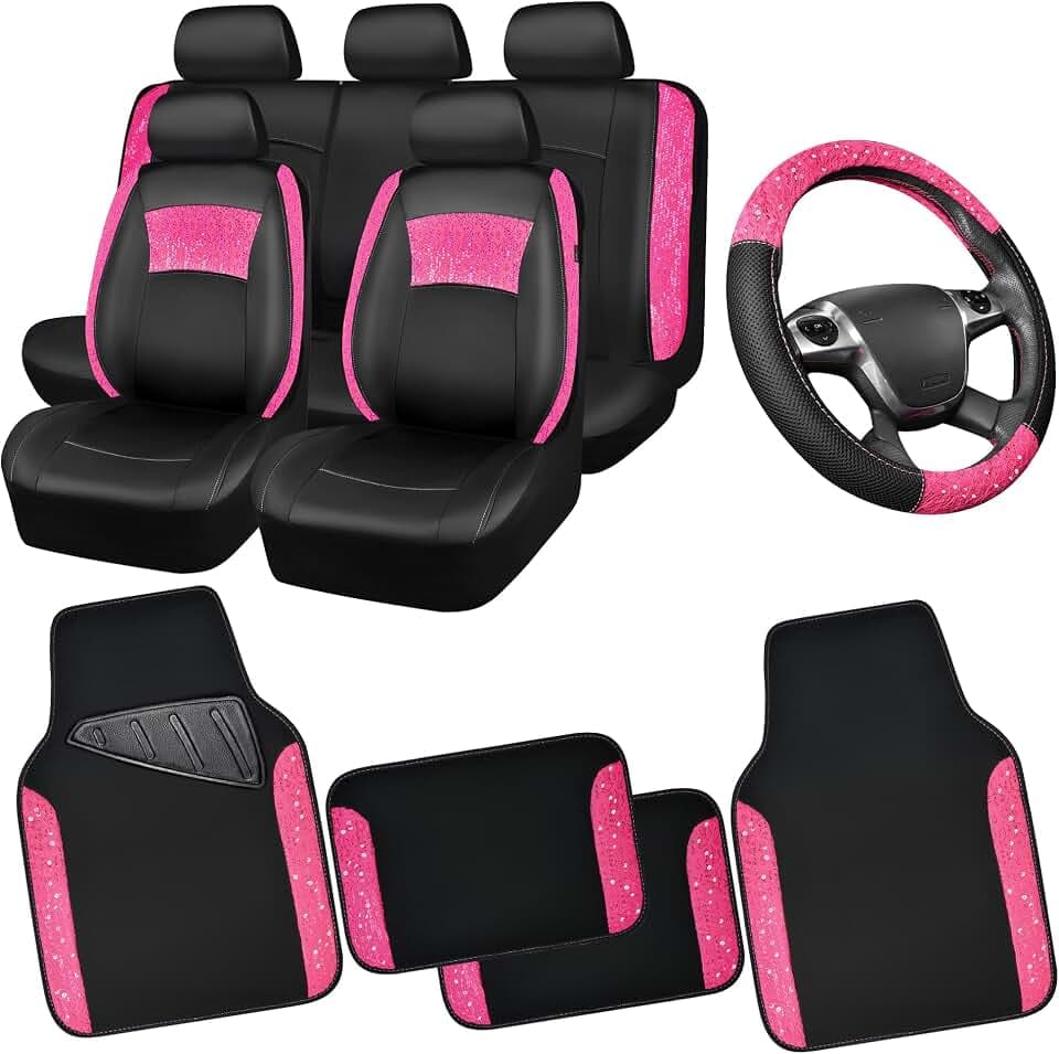 CAR PASS Universal Leather Pink Lace Car Seat Covers Full Set for Women Girls, Waterproof Car Floor Mats Carpet, Steering Wheel Cover for Cars Accessories Interior Sets 10PCS Included