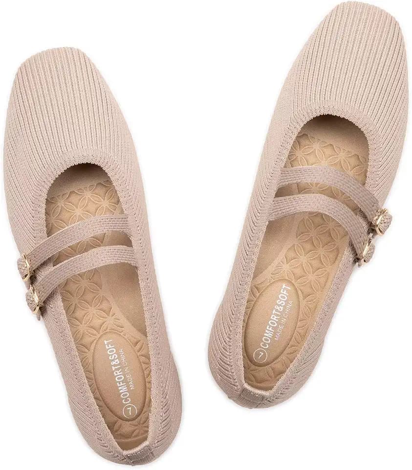 Frank Mully Women's Flats Square Toe Mary Jane Shoes Ballet Flats with Strap Comfortable Slip On Knit Shoes Dressy Casual