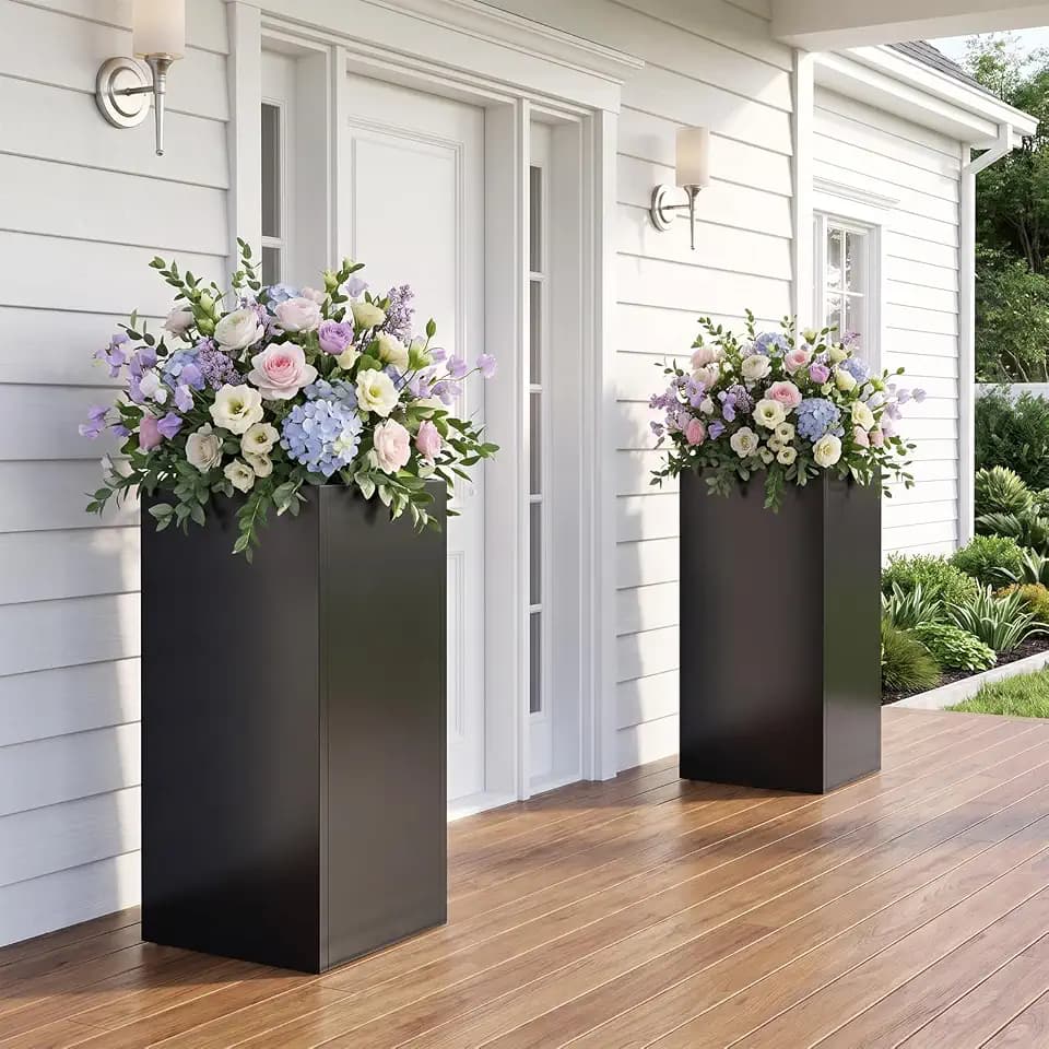 Metal Planter Box for Outdoor Plants 15"L x 15"W x 30"H 2 Pack (Black)