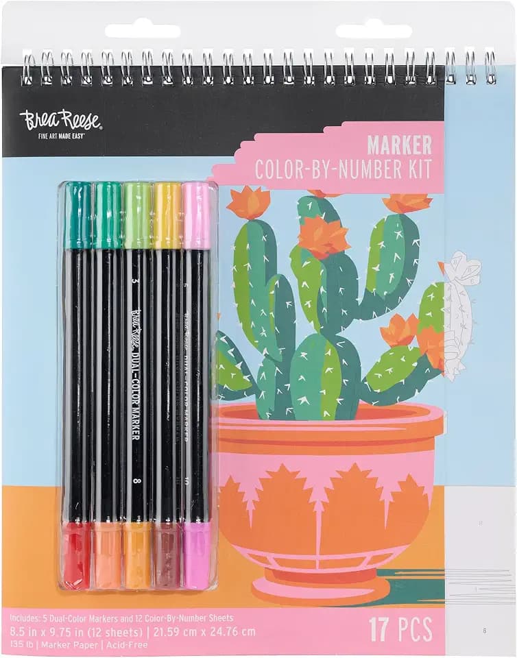 Brea Reese: Marker Color-by-Number Kit - Western Desert - 5 Dual-Tip Markers, 12 Nature Designs, Guided Art, 8.5 x 9.75 Pages, Adult Spiral Art Pad