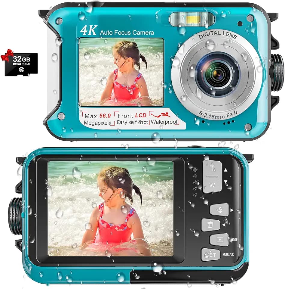 4K Underwater Camera, 16FT Waterproof Camera, 64MP Dual-Screen, Cyan