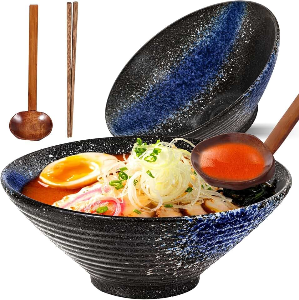 Sosayet Ramen Schüssel Keramik, 2 Sets Ramen Bowl mit Löffel und Essstäbchen, Rutschfeste Japanische Schüssel Geschirr für Ramen, Salat, Müsli, 1000 ml, 20 x 20 x 8 cm