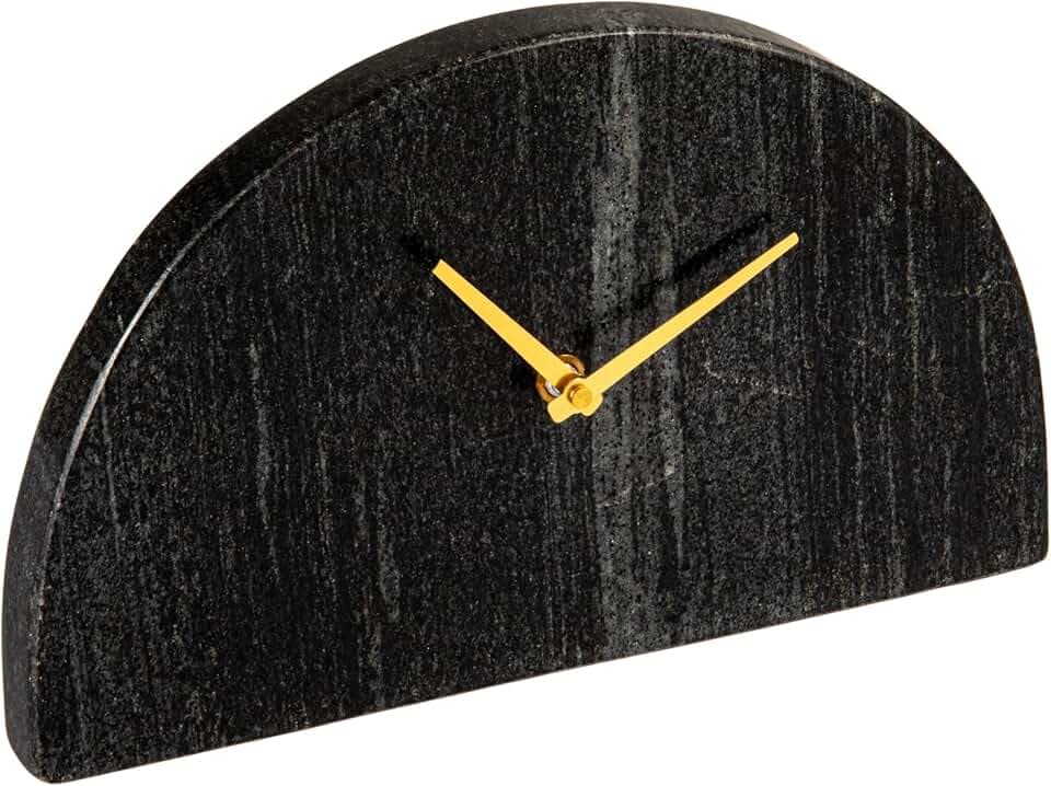 Bloomingville Decorative Half Moon Marble Mantel Clock, Black and Gold
