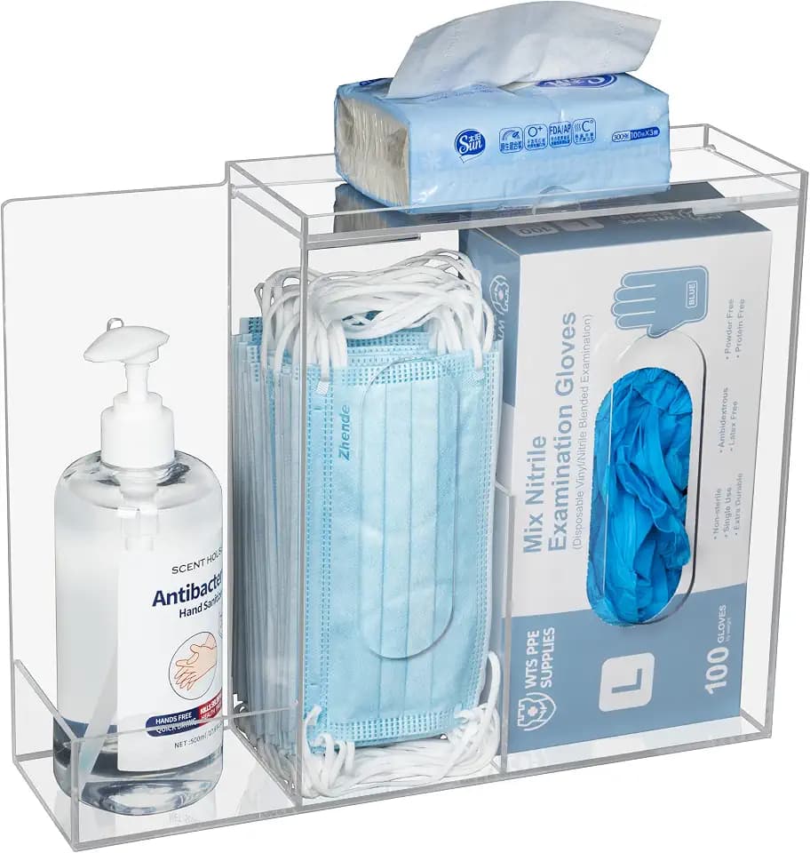 Wandhalterung und Aufbewahrungsbox für Masken, Handschuhe und Hygienebedarf - 3 Fächer Transparent