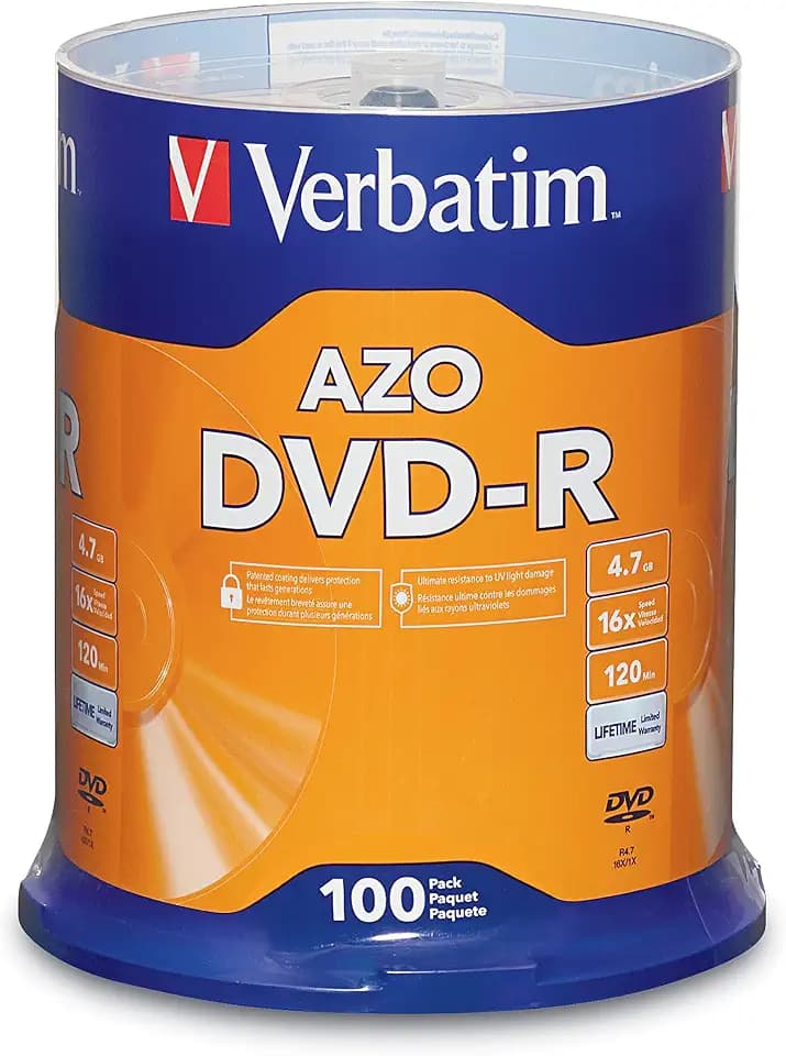 Verbatim DVD-R 4.7GB 16X Recordable Discs with AZO Dye, 100 Pack