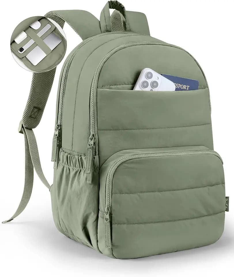 Uselike Travel Backpack for Women, 15.6 Inch Laptop Backpack, Quilted College Bookbag, Cute Work Backpacks, Water Resistant (Sage Green)