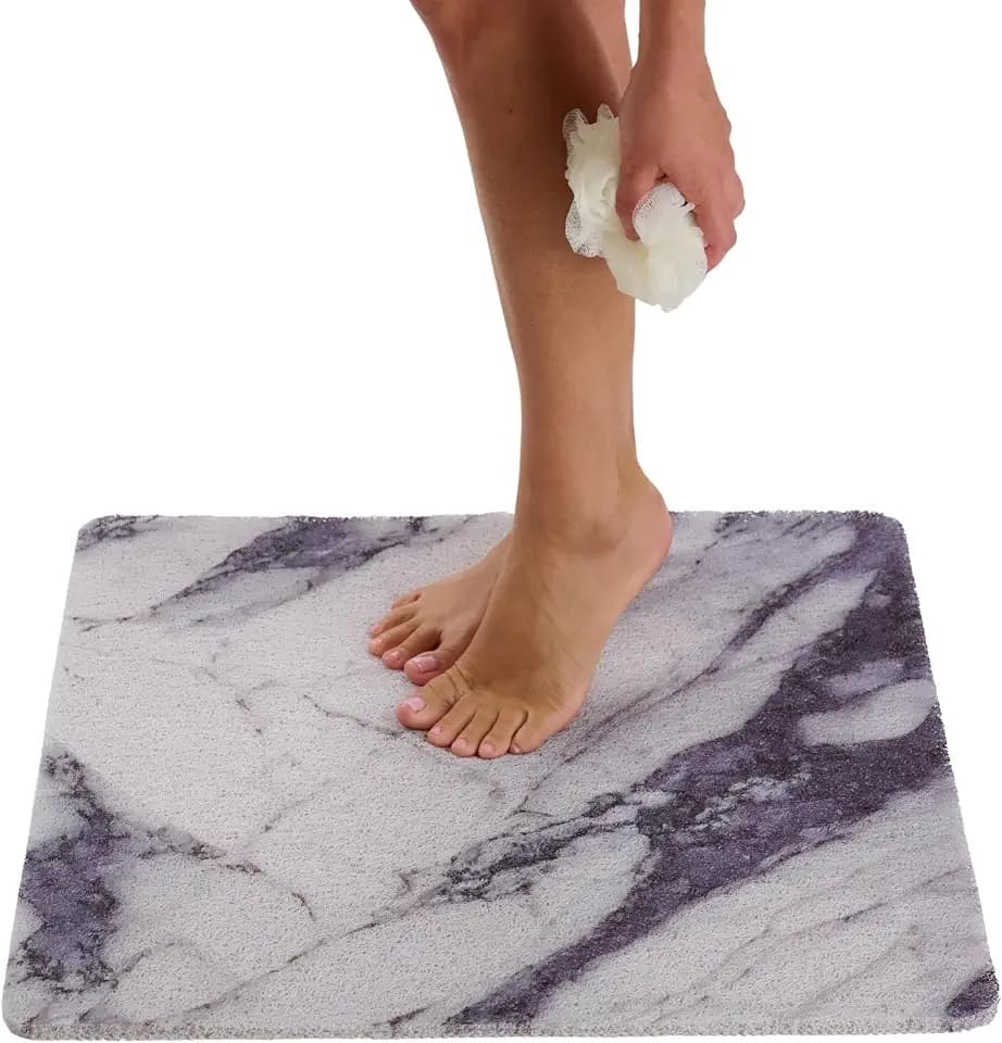 Enkosi Loofah Shower Mat Non Slip – Square Anti Slip Bath Mat for Inside Showers, Bathtub, Tub, Bathroom - Cushioned, Quick Dry PVC with Drain Holes - Secure Grip Safety Pad (Marble Grey Blue 24x24)