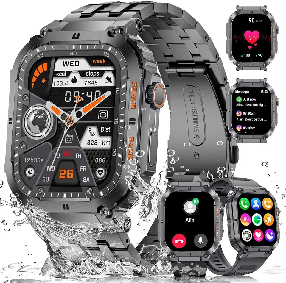 Militär Smartwatch Herren mit Telefonfunktion(3 Bänder),1.96'' Großes Display 400mAh Smart Watch Fitnessuhr,100+ Sportmodi,IP68 Wasserdicht Sportuhr Herren mit Schrittzähler Pulsmesser Schlafmonitor