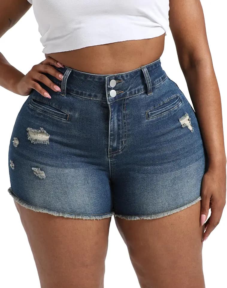 Gocolloa Women Plus Size Jean Shorts Sexy Stretchy High Waisted Frayed Raw Hem Denim Shorts