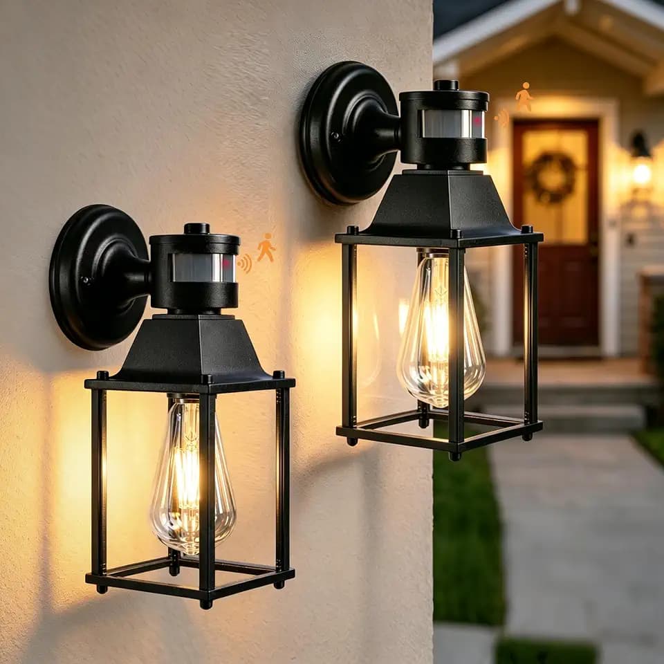 COTTAGE LIFE Motion Sensor Outdoor Wall Lanterns, 2 Pack Black Porch Lights