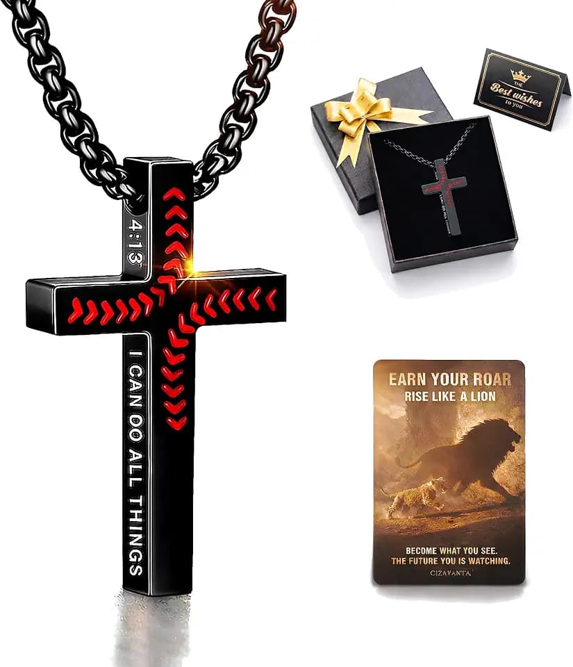 Black Baseball Cross Necklace for Men, Philippians 4:13 Bible Verse
