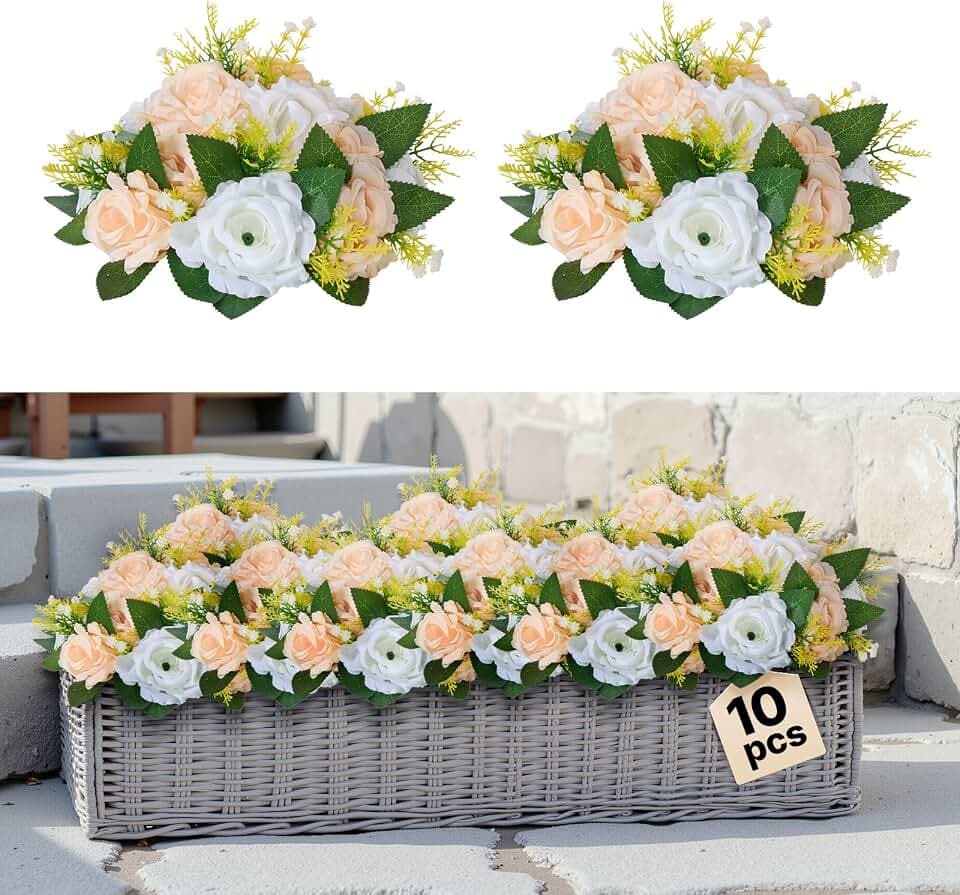 VEVOR Kunstblumen, 10 Stück, 240x240x120 mm, künstliche Blumenkugeln, Seidenrosen, Rosenarrangements für Hochzeiten, Partys, Tischdekorationen und Wohndeko, Champagnerfarbene & weiße Rosen