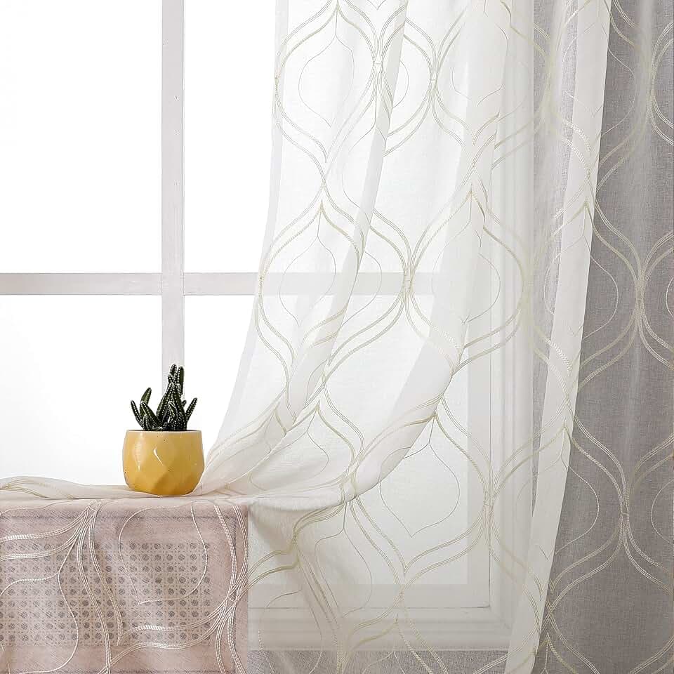 VISIONTEX White Sheer Curtains Beige Moroccan Embroidered 96 Inches Long