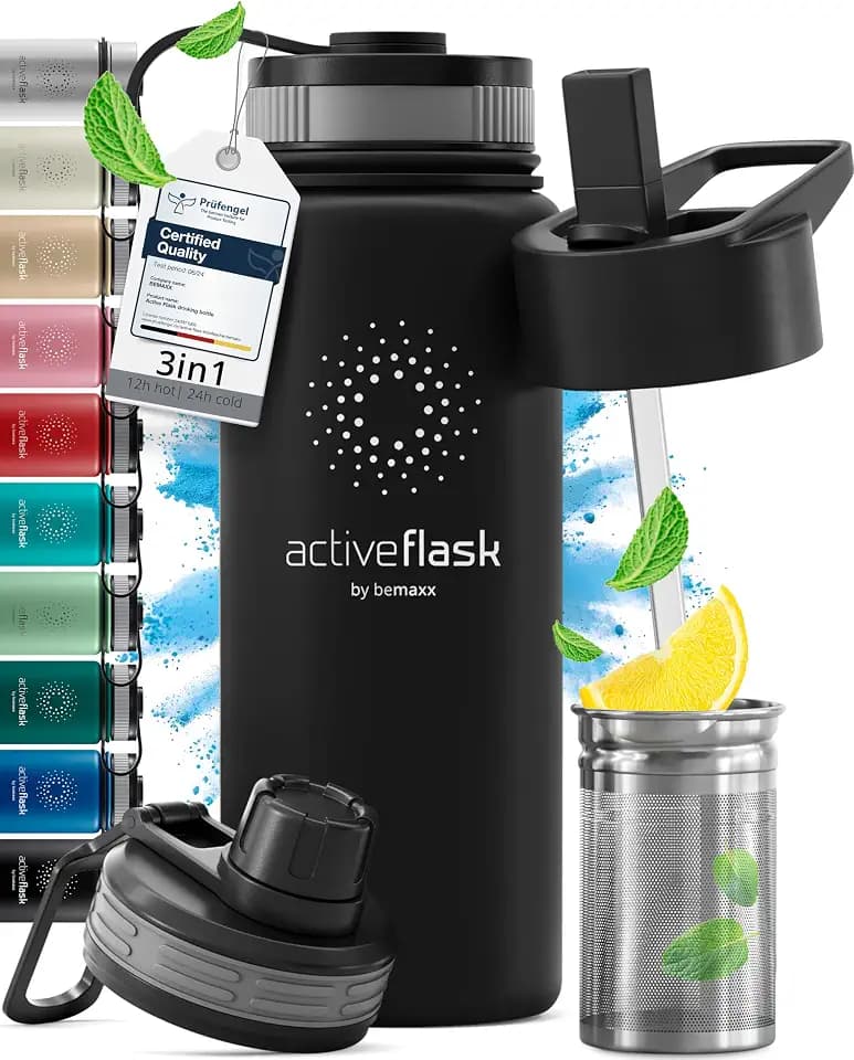 Trinkflasche Edelstahl ACTIVE FLASK + Strohhalm (3 Deckel) BPA-frei, Auslaufsicher, Kohlensäure geeignet - Wasserflasche Fahrrad Thermosflasche Isoliert Isolierflasche Sport Wasser Flasche Kinder Tee