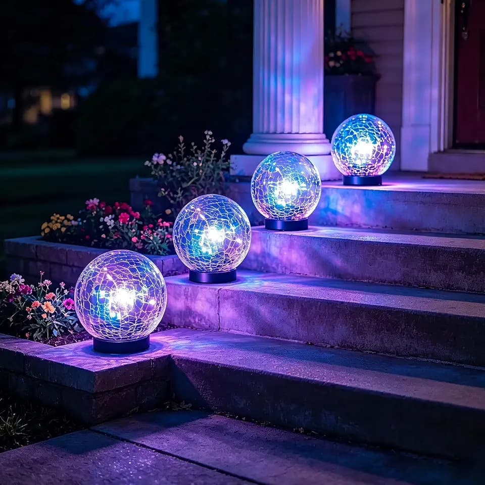 4 Pack 4.72" Multicolor Solar Power Cracked Glass Orb Light Outdoor