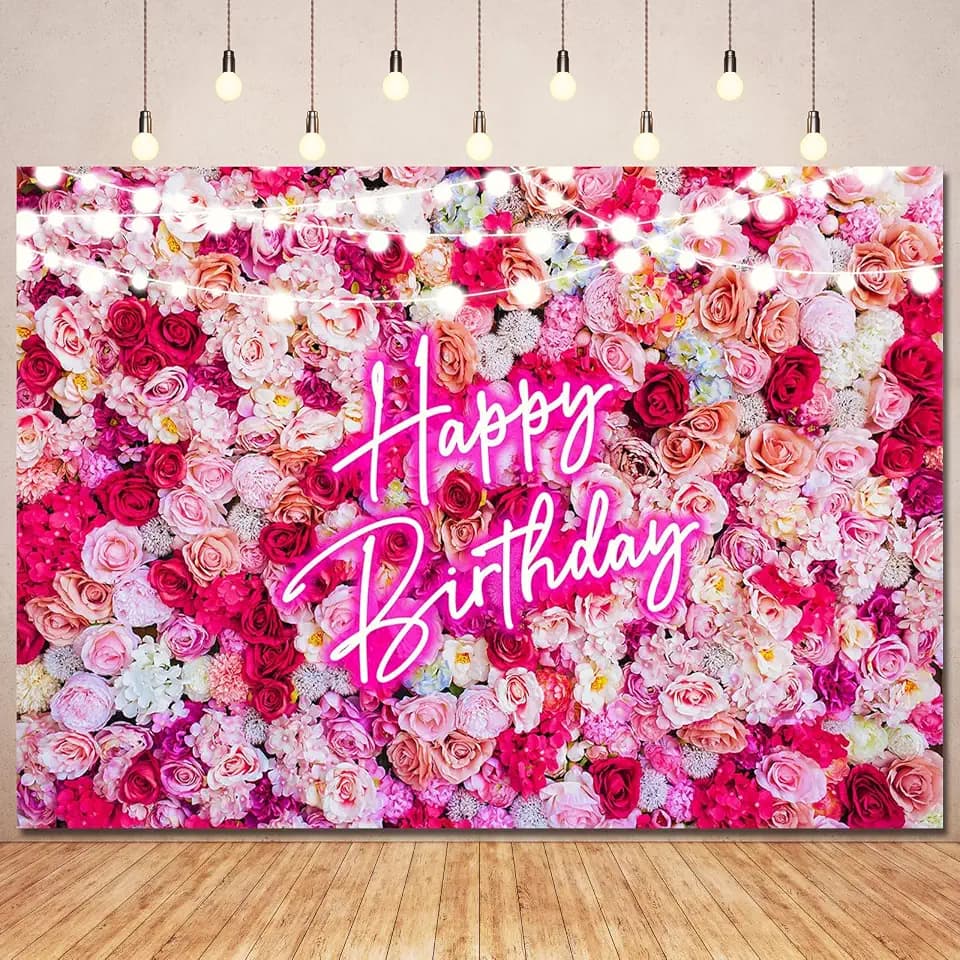 Pink Flower Happy Birthday Backdrop Banner Decorations for Women,Pink Neon Birthday Sign Backdrops Banner Red Rose Flowers Photography Background Girls Bday Party Decor Photo Booth Props 7x5ft