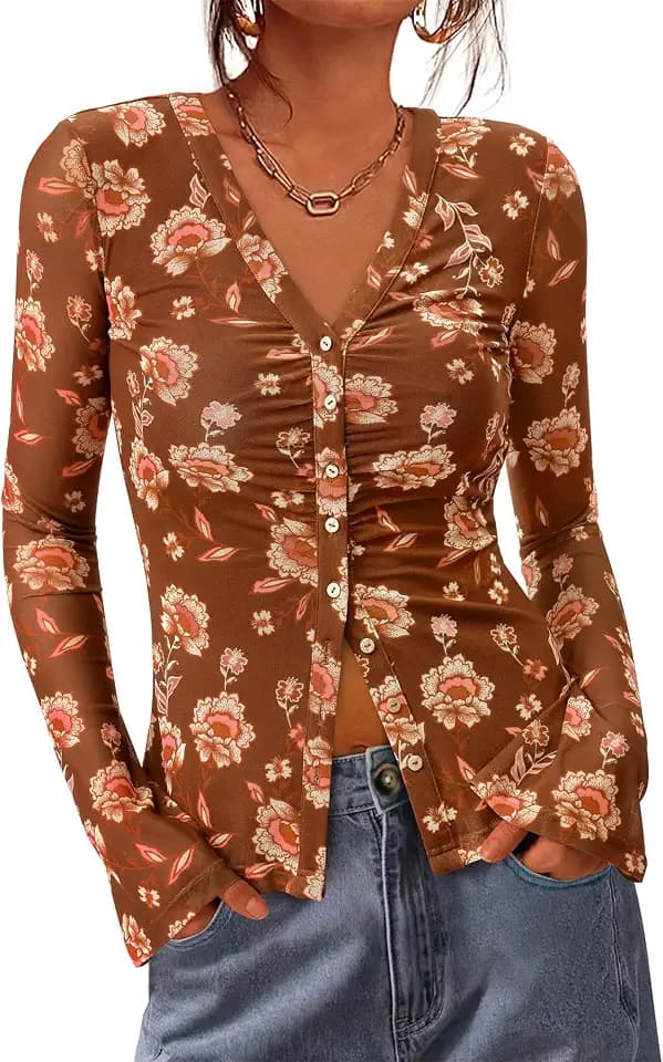 BTFBM Button Down Shirts for Women Fall Outfits 2026 Mesh Floral Boho Tops