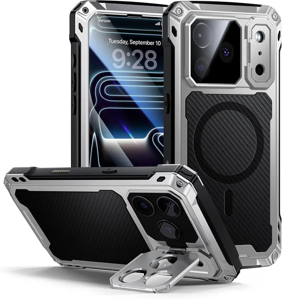Lanhiem for iPhone 17 Pro Metal Case with Kickstand, Compatible with MagSafe, Built in Tempered Glass Screen Protector, Heavy Duty Shockproof Rugged Phone Cases, Full Body Tough Cover 6.3" (Silver)