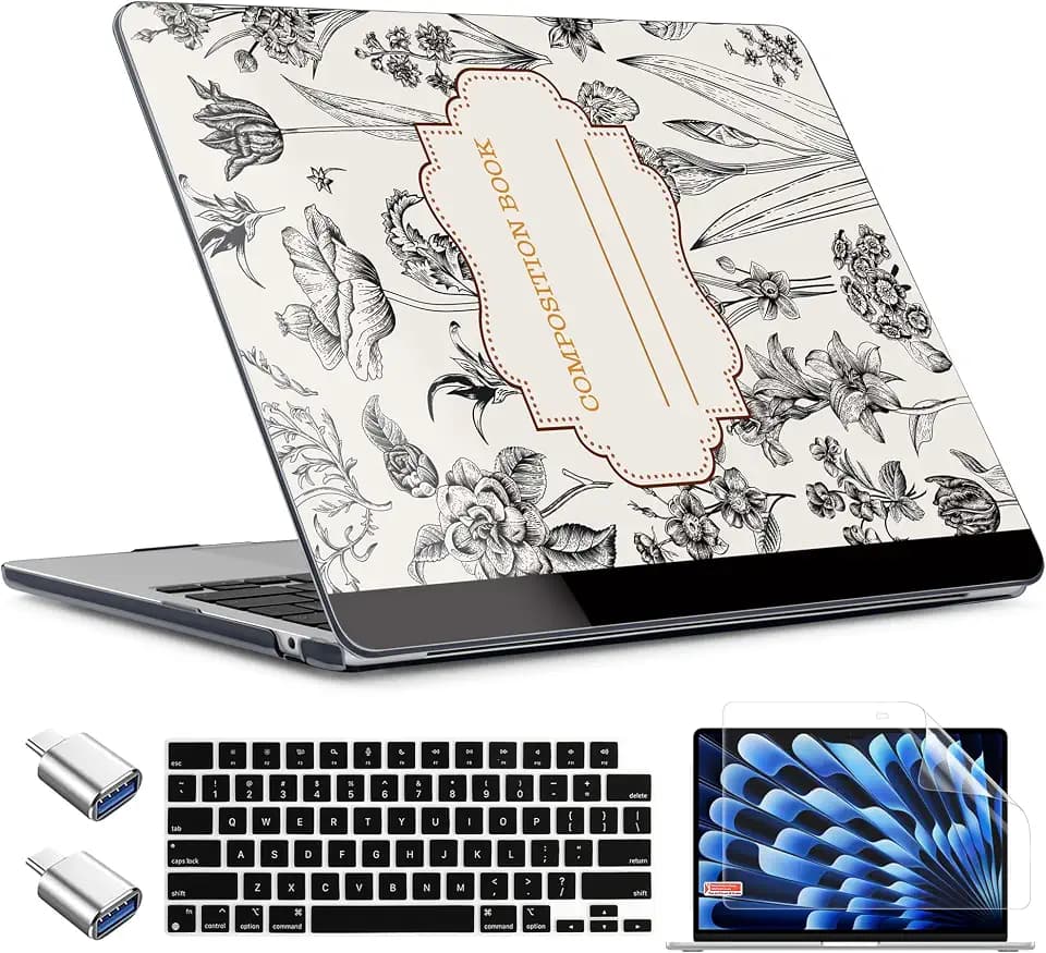 TWOLSKOO for MacBook Air 13 inch Case M5 2026 M4 2025 M3 M2 2024-2022 A3449 A3240 A3113 A2681, Plastic Hard Shell & Keyboard Cover & Type C for MacBook Air 13.6 inch Case, Retro Compostion Book