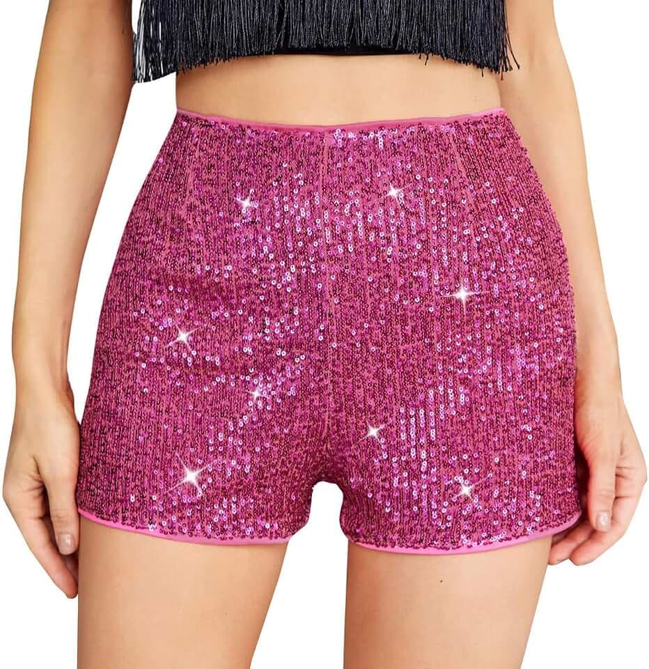 Damen-Shorts mit Pailletten, hohe elastische Taille, einfarbig, glitzernd, Party-Shorts