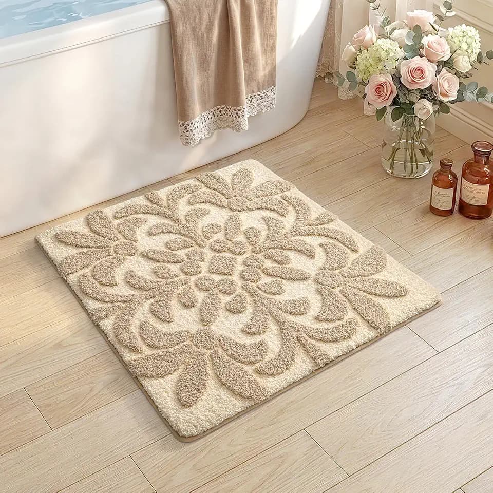 DEXI Floral Bathroom Rugs Non Slip Washable, Square Bath Mat 24x24, Beige