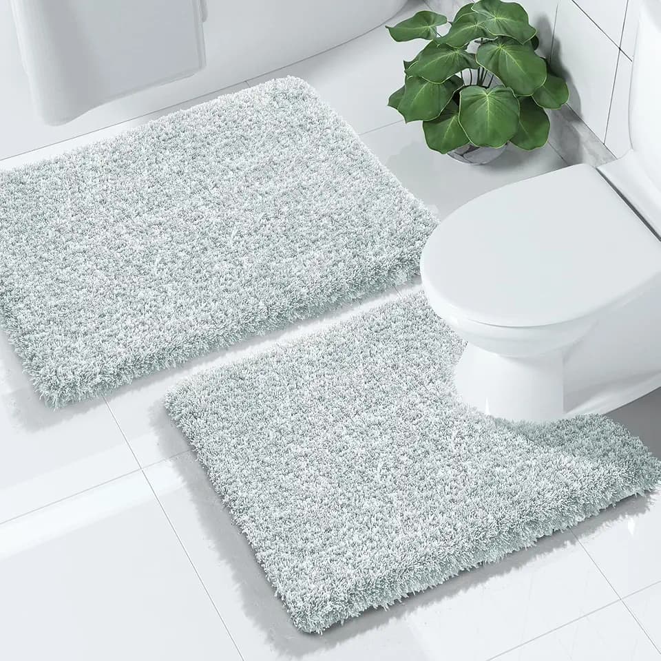 Yimobra Fluffy Bathroom Toilet Rug Set, 24x17+24x20, Sky Light Blue & White