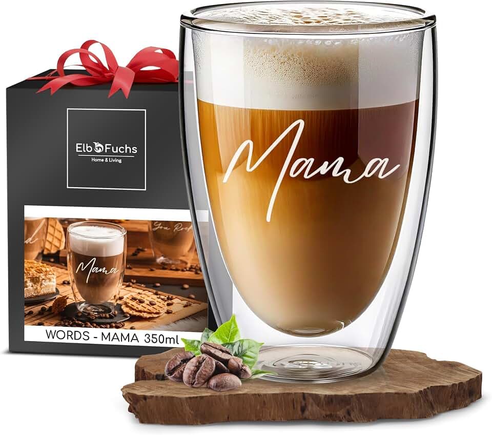 ElbFuchs® Doppelwandiges Latte Macchiato Glas | MAMA | 1x 350ml [GESCHENKIDEE FÜR MAMA] Ideales Geburtstagsgeschenk für Mütter oder werdende Mama | Glas mit Gravur zum Muttertag