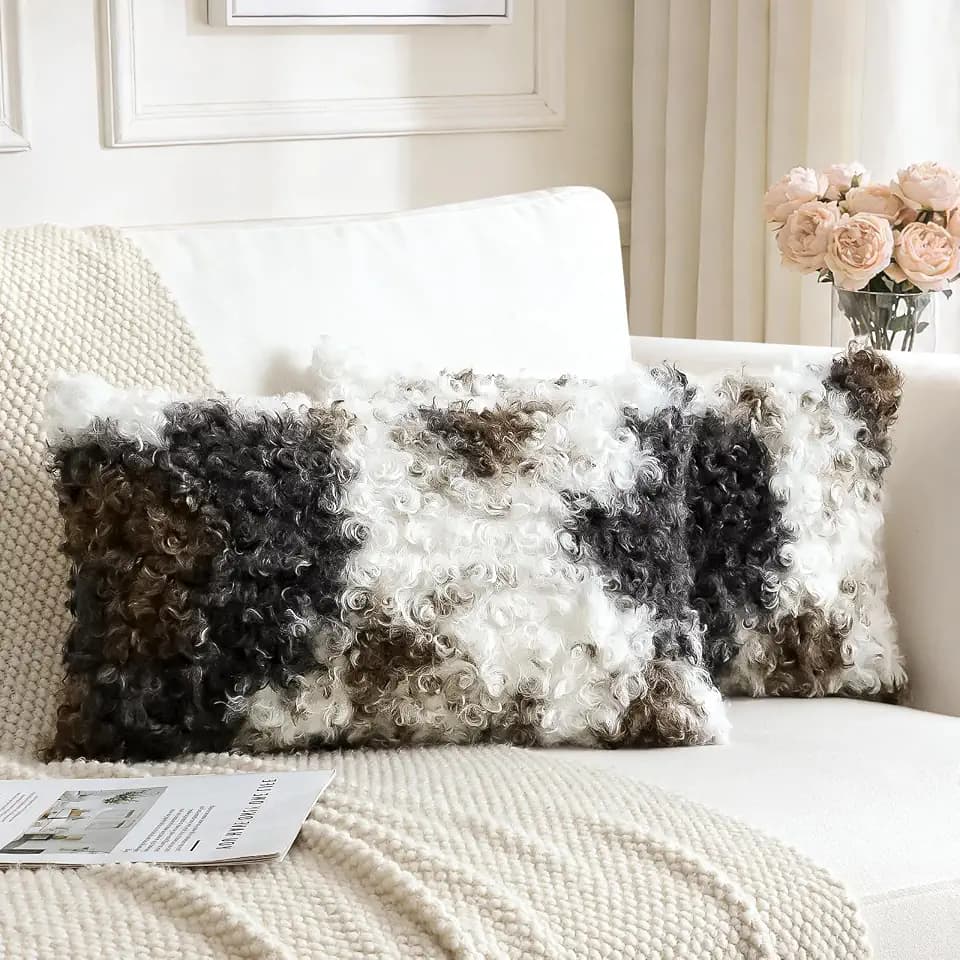 Sungeek 2er Set Kunstpelz Boucle Plüsch Kissenbezüge, Samt Kissenbezug Sofakissen Dekokissen Deko Zierkissenbezüge Flauschig Kissenhülle für Schlafzimmer Wohnzimmer (40x60cm, Weiß Braun Schwarz)