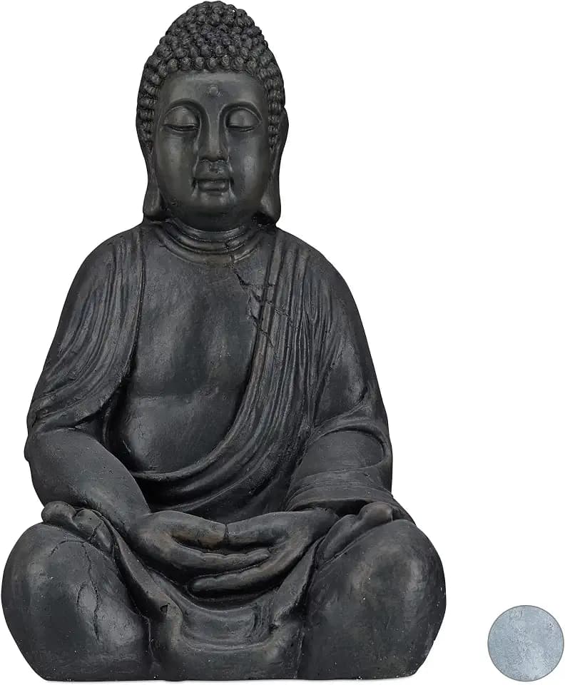 Relaxdays XL Buddha Figur sitzend, 50 cm hoch, Feng Shui, dunkelgrau