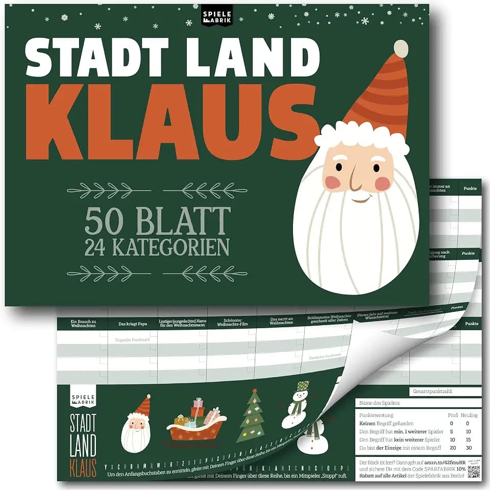 Spielefabrik Stadt Land Klaus – Stadt Land Fluss Weihnachten mit 24 Xmas-Kategorien | Familienspiel Quiz Partyspiel ab 10 Jahren | Geschenk-Idee Nikolaus & Wichtelgeschenk | DIN A4-Block, 50 Blatt