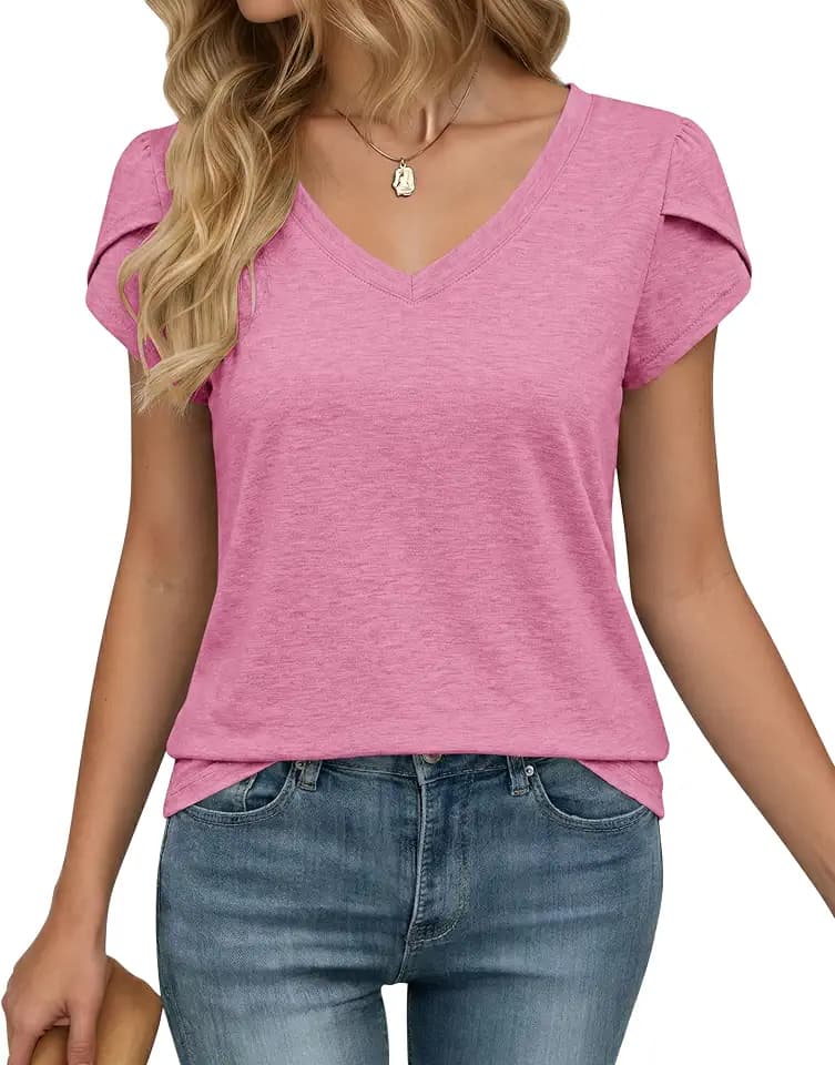 WNEEDU Women V Neck Petal Sleeve Casual Summer T-Shirts