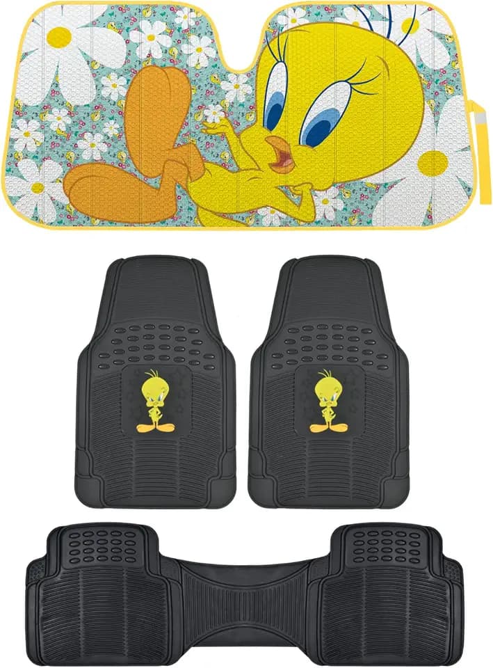 BDK Warner Bros Looney Tunes Tweety Bird Car Accessories - Accordion Folding Windshield Sun Shade UV Block Double Bubble 58x27 in - Protects from Sun - Heavy Duty Rubber Floor Mats 3PC Front & Rear