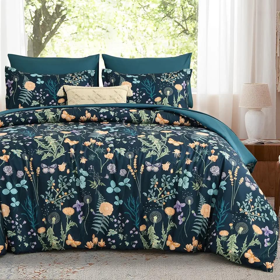 Yiran Blue Twin Comforter Set with Sheets, 6 Piece Floral Bed in a Bag with Botanical Flowers Patterns, Botanical Bedding Set, Soft Microfiber Complete Bedding Set with Sheets for All Season