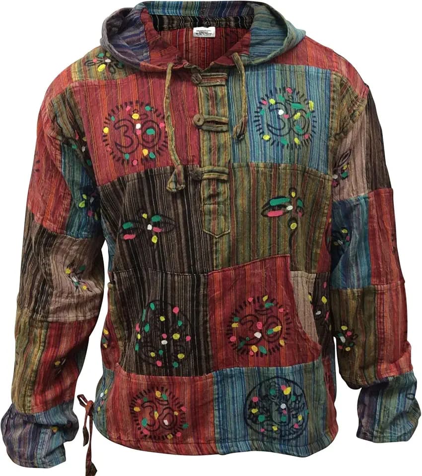 SHOPOHOLIC FASHION Männer Stonewashed Gestreiftes Patchwork Hippie Grandad Hemd mit Kapuze, XXL
