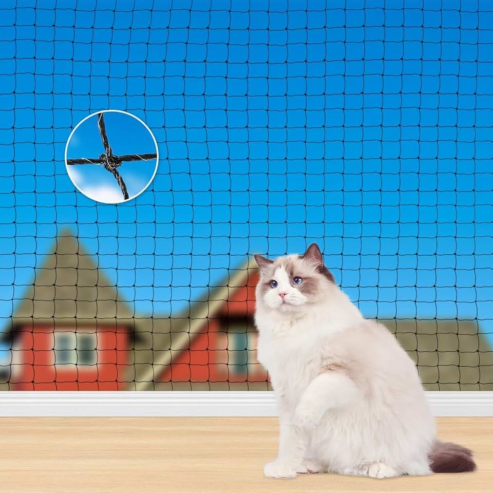 Katzennetz für Balkon, 4x3m Katzennetz Drahtverstärkt mit 15M Befestigungsseil, Stark, Langlebig, UV-Beständig, Wetterfest, Geeignet für Balkone, Terrassen(Schwarz, 3x4 m)