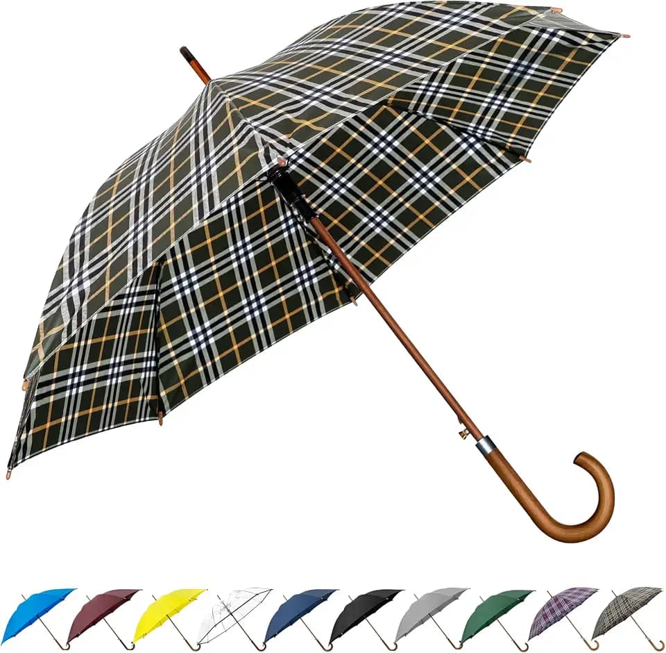 SoulRain 48" Large Umbrella –Windproof Stick Umbrellas for Rain, Automatic Open, Vintage Cane big Umbrella with Classic Wooden Handle,Open for 2 Persons adult,for Women & Men(Green Yellow plaid)
