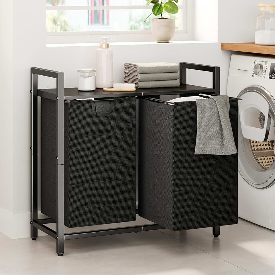 Kitstorack Laundry Basket Organizer, Laundry Hamper with Shelf & 2 Pull-Out Removable Bags, Dirty Clothes Hamper Organizer for Laundry Room Bathroom and Dorm, 2 x 11.8 gallons (44.5L)