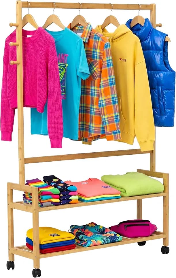 Relaxdays Kleiderständer mit Rollen, Bambus, 2 Ablagen, 6 Haken, Natur
