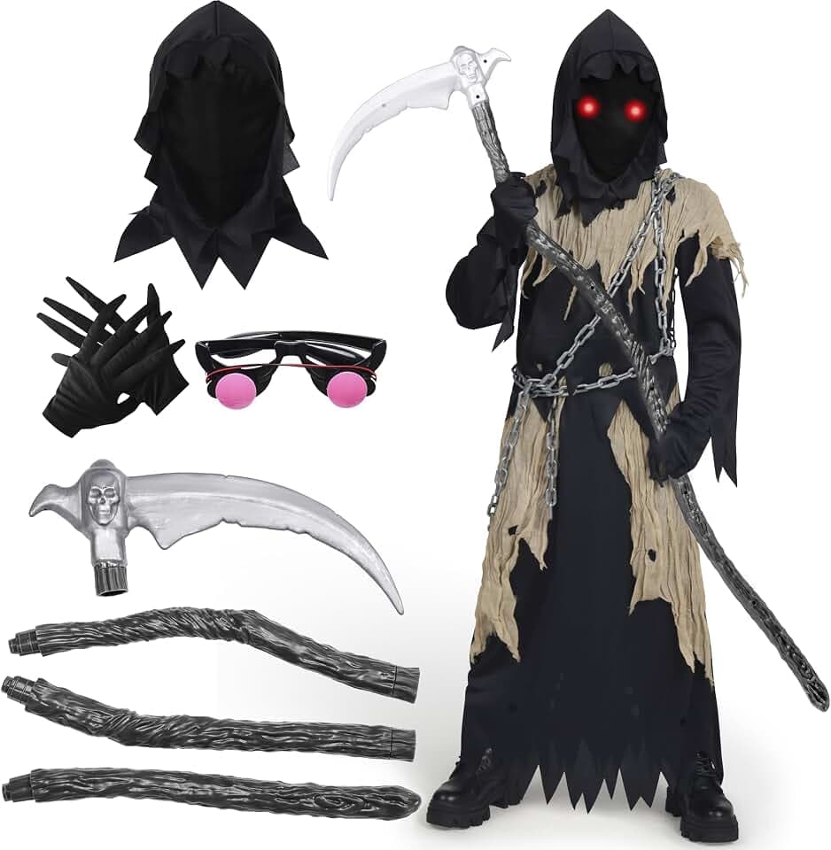 Spooktacular Creations Kinder Sensenmann Kostüm, Glühende Augen Sensenmann Kostüm für Jungen, Gruseliges Phantom Schwarzer Sensenmann Halloween Verkleidung